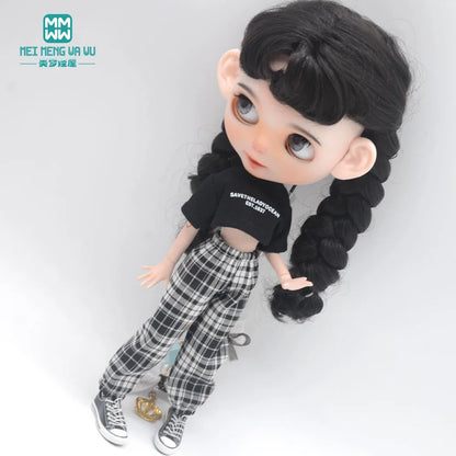 Blythe Doll Clothes – Fashion Tops, Black & White Shirts with Jeans & Plaid Pants for Azone OB22/OB24 Dolls