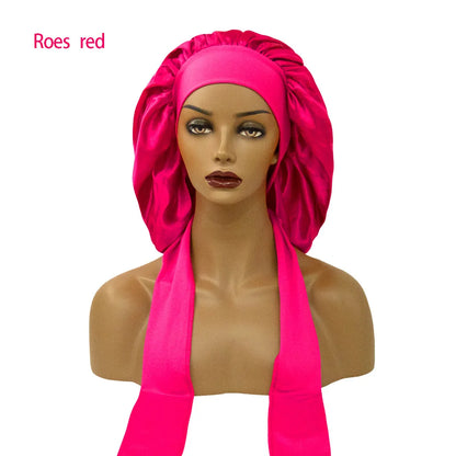 Satin Nightcap for Women - Wide Stretch, Extra-Large Long Tail, Shower Cap with Ribbon, Round Hat Hair Bonnet