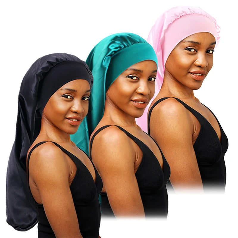 Long Satin Sleep Bonnet for Women — Silky Hair Care Cap with Wide Elastic Band for Braids, Curly & Natural Hair