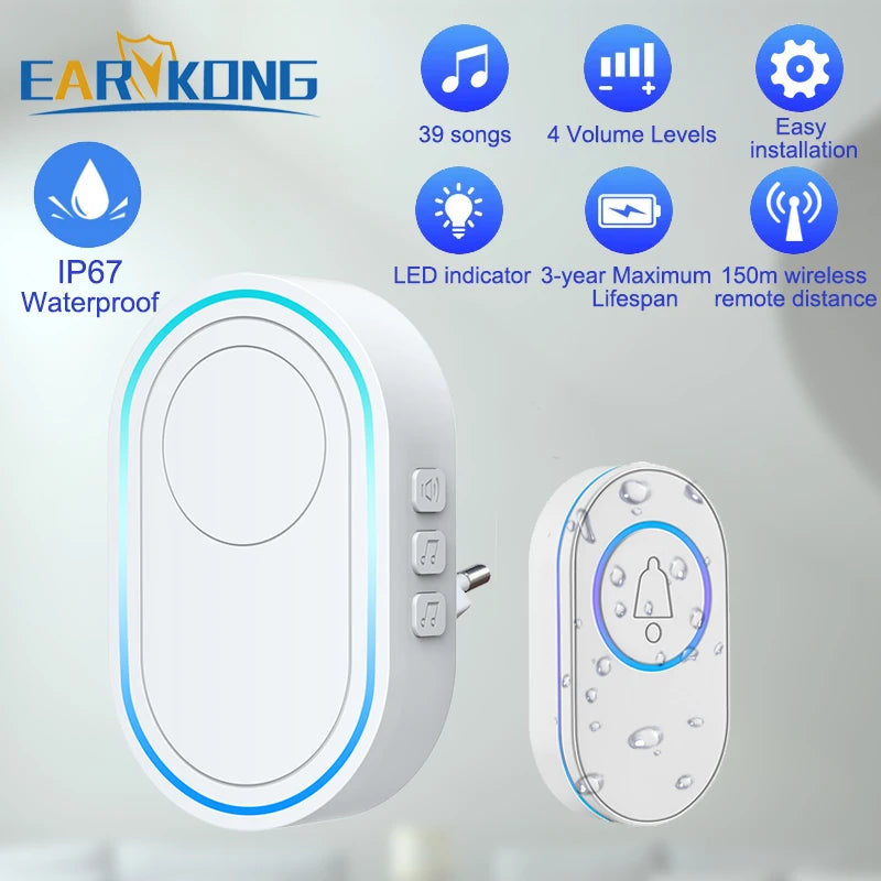 Intelligent Wireless Doorbell – Waterproof Smart Doorbell with 300m Remote Range, EU/UK/US Plug Options, Home Welcome Chime