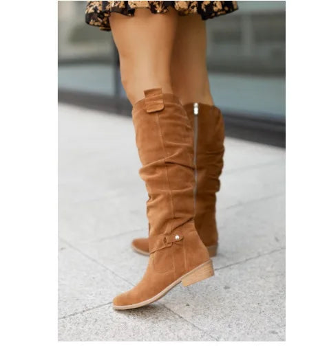 Women’s Thigh-High Suede Boots – Low Heel Side-Zip Knee-High Booties, Retro Autumn Winter Size 43