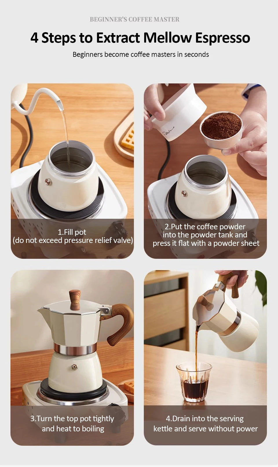 Vintage Wooden Handle Moka Pot – Classic Italian Espresso Maker 150ml/300ml for Home & Cafe Use