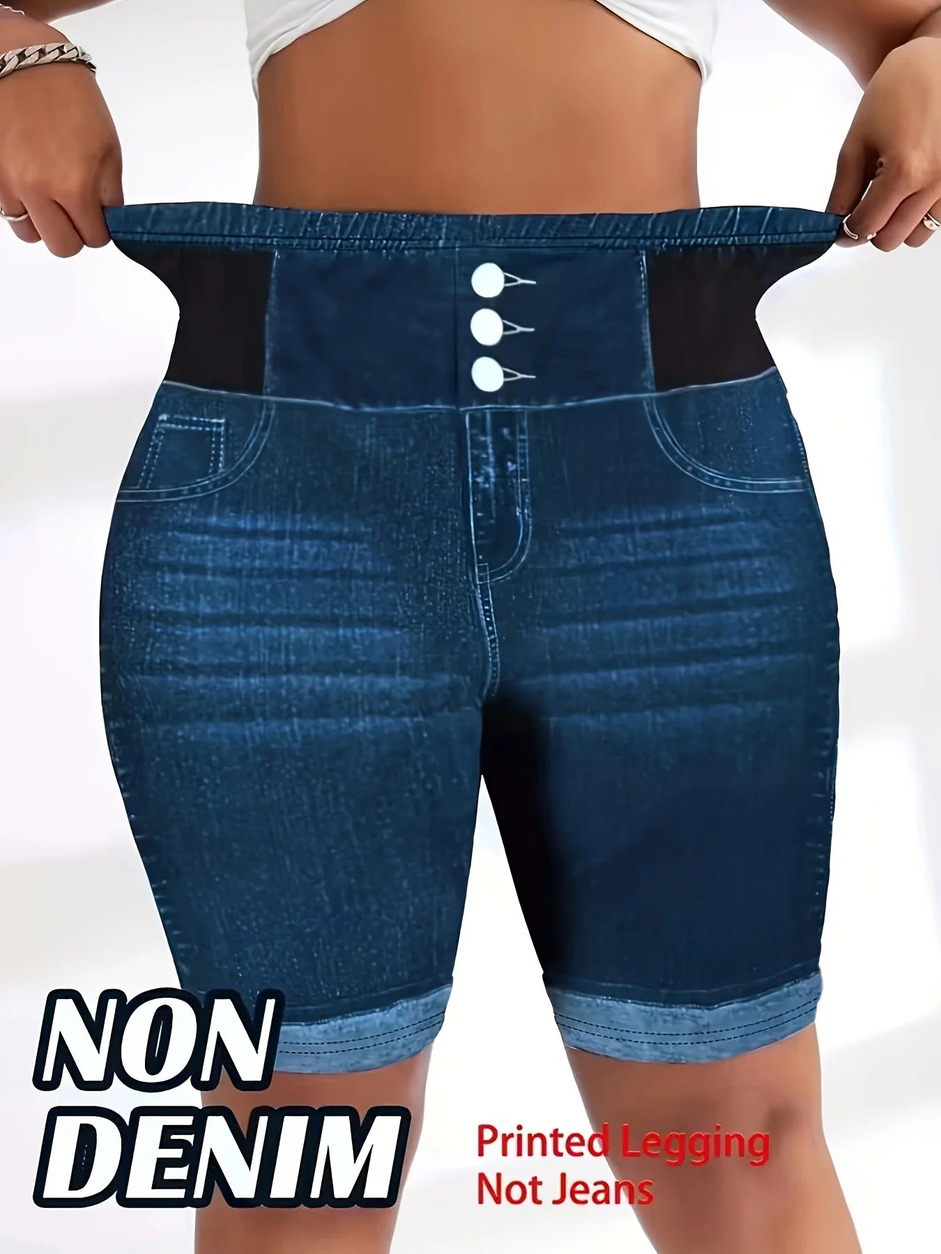 Plus Size Tummy Control Biker Shorts - High Waist 3-Button Faux Denim Cycling Shorts for Curvy Women
