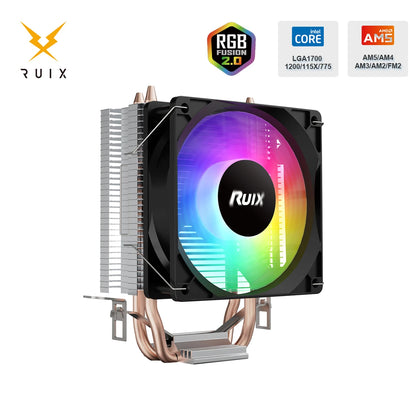 Ruix X2000 RGB CPU Air Cooler — 2 Heatpipe Radiator with 3-Pin Quiet Fan for Intel LGA 115X/1200/1700 & AMD AM4/AM5