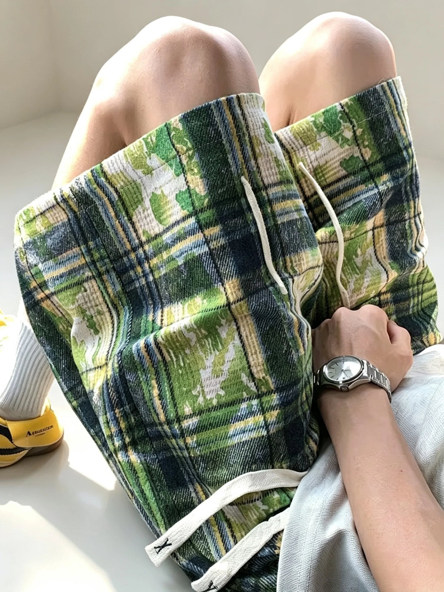Green Tie-Dye Plaid Shorts - Men's Retro Loose Fit Summer Casual Jorts