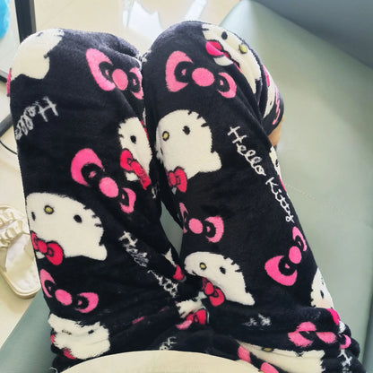 Thick Hello Kitty Fleece Pajama Pants – Soft Double Elastic Anime Trousers for Women, Cute Sanrio Birthday Gift