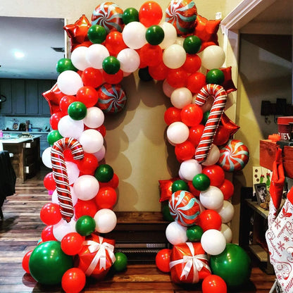 Christmas Balloon Garland Arch – Red & Green Balloons, Star, Santa, and Gift Box Foil Balloons for Xmas and New Year Decoration