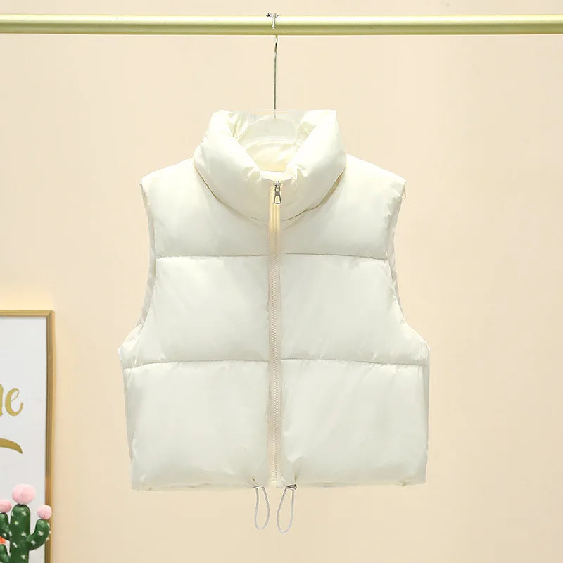Winter Sleeveless Down Vest for Women – Warm Stand Collar, Zipper Jacket, Quilted Cropped Casual Street Outerwear