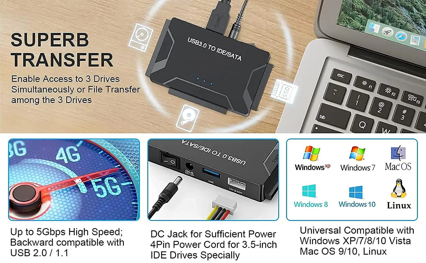 USB 3.0 to SATA IDE Adapter Cable – 3-in-1 Converter for 3.5/2.5 inch HDD/SSD, CD/DVD ROM, CD-RW