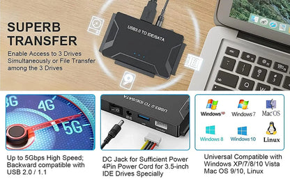 USB 3.0 to SATA IDE Adapter Cable – 3-in-1 Converter for 3.5/2.5 inch HDD/SSD, CD/DVD ROM, CD-RW