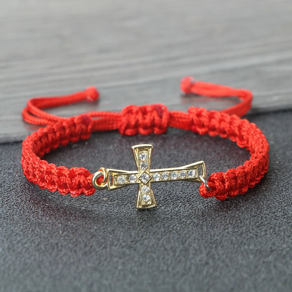Red Crystal Cross Bracelet - Jesus Prayer Meditation Braided Healing Jewelry Gift for Couples