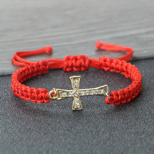 Red Crystal Cross Bracelet - Jesus Prayer Meditation Braided Healing Jewelry Gift for Couples
