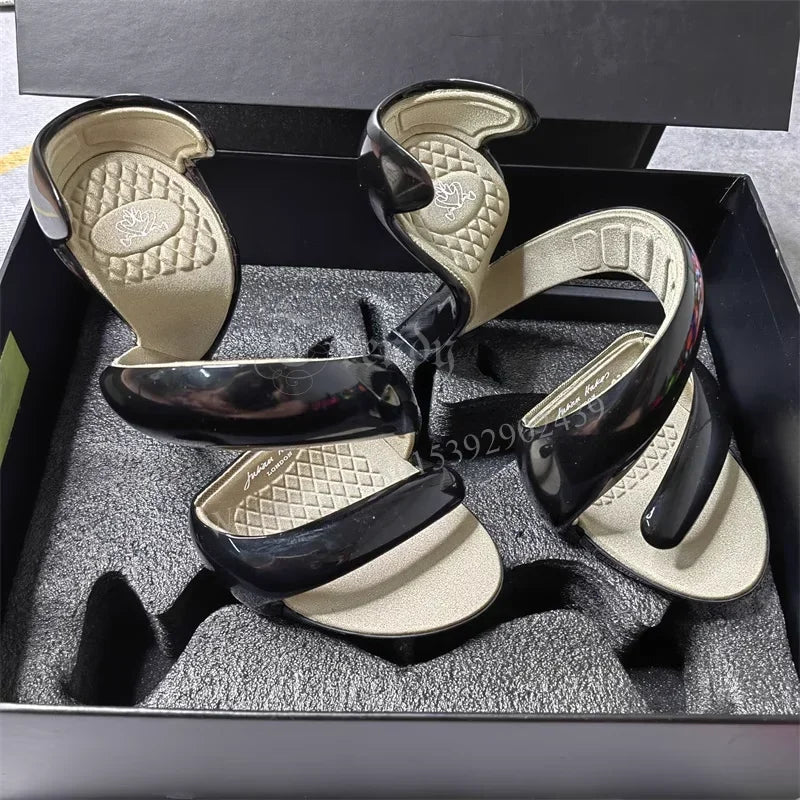 Women's Blue Snake Gladiator Sandals - Patent Mixed-Color Ribbon Design Slip-On High Heel Shoes