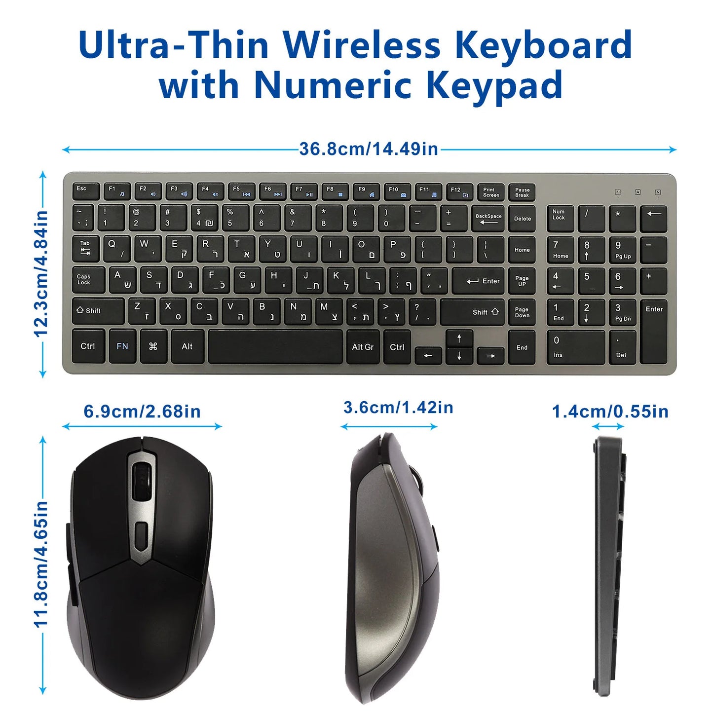 Wireless Keyboard and Mouse Combo – Rechargeable Slim Set with Russian, Hebrew, Korean, English Keycaps & Silent Mouse