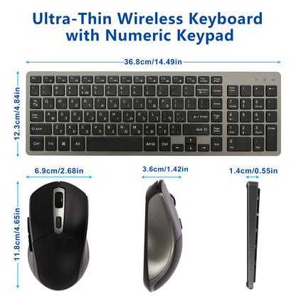 Wireless Keyboard and Mouse Combo – Rechargeable Slim Set with Russian, Hebrew, Korean, English Keycaps & Silent Mouse