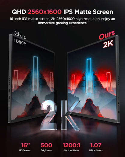 UPERFECT 16-Inch 2K Portable Monitor — 2560x1600, 16:10, 120Hz Gaming Display with 100% sRGB & 500Cd/m² for Xbox, PS5, Switch, Laptop & Mac