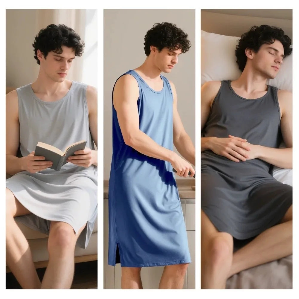 Men’s Knee-Length Sleep Robe - Oversized Sleeveless Plus Size Nightwear for Travel