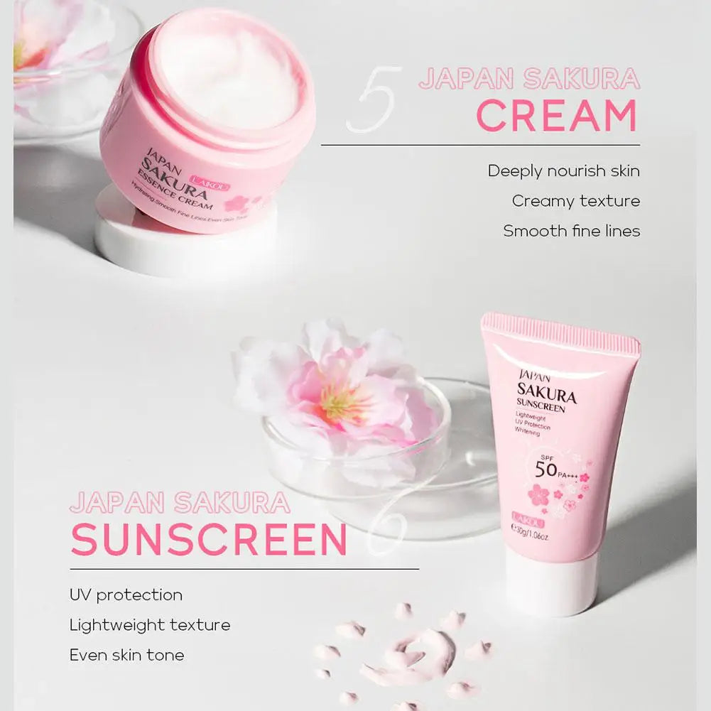 6PCS Sakura Skincare Set – Face Cream, Serum, Toner, Cleanser, Sunscreen & Eye Cream in Gift Box