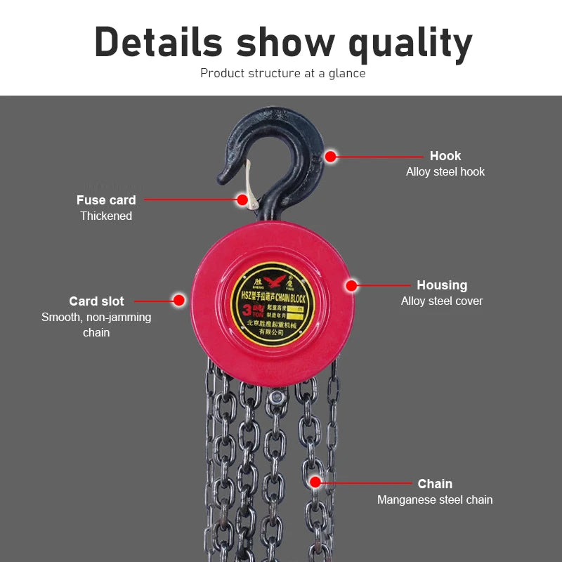 3M Heavy Duty Manual Chain Hoist - Hand Chain Block with Hook for Industrial & Construction Lifting