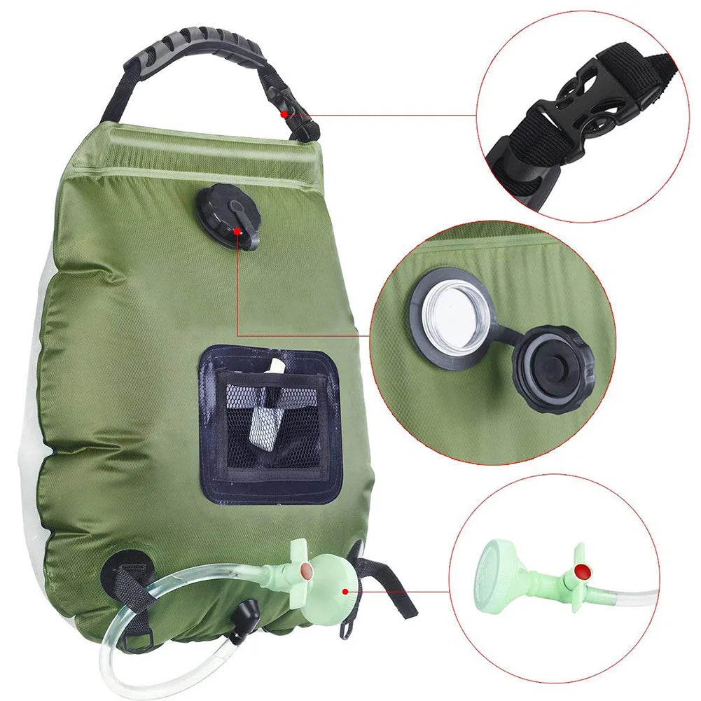 Portable 20L Outdoor Solar Camping Shower Bag - Heating Bathing Water Storage with Hose and Switchable Shower Head for Hiking and Camping
