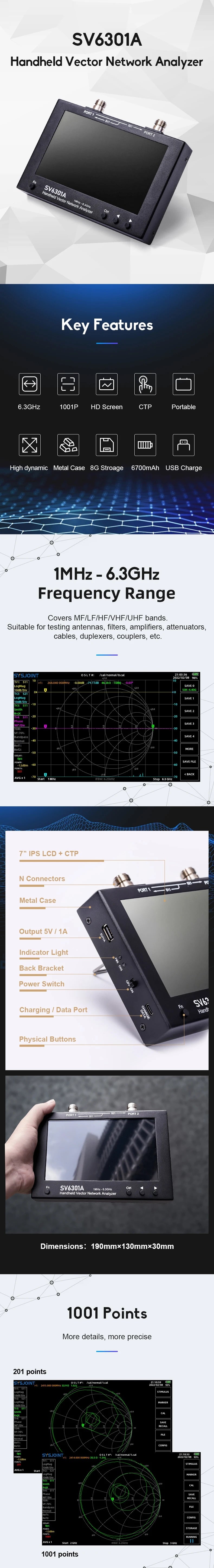 SV6301A 7" Vector Network Analyzer — 6.3GHz HF VHF UHF Antenna SWR VNA, NanoVNA Upgrade