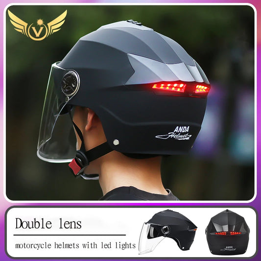 LED Motorcycle Helmet with Double Visor – Rechargeable Electric Scooter & Bicycle Safety Helmet for Men & Women Night Riding Protection