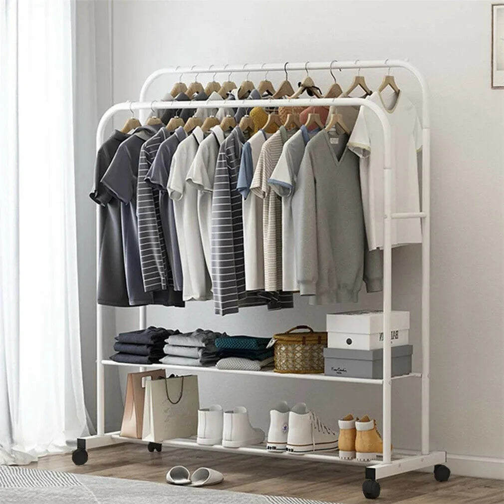 Heavy Metal Double Clothes Rack – Rolling Garment Display Stand with Storage Shelf, Closet Organizer