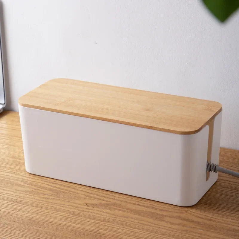 Creative Bamboo Wire Management Box — Cable, Plug, and Power Cord Organizer with Wooden Cover