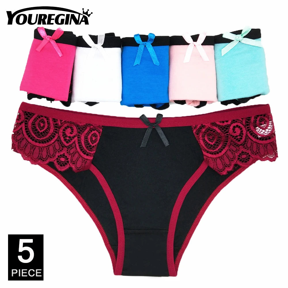 Women’s Cotton Lace Panties Set - 5Pcs Sexy Bikini Briefs with Striped Print Underwear for Ladies & Girls
