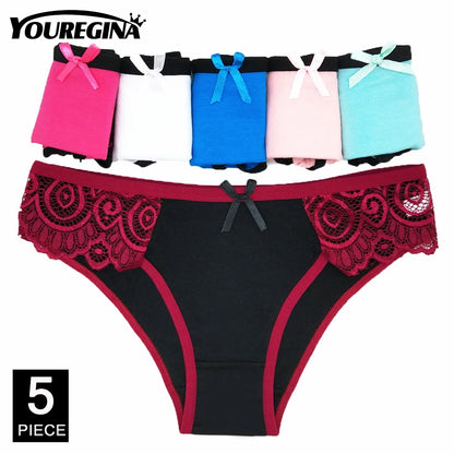 Women’s Cotton Lace Panties Set - 5Pcs Sexy Bikini Briefs with Striped Print Underwear for Ladies & Girls