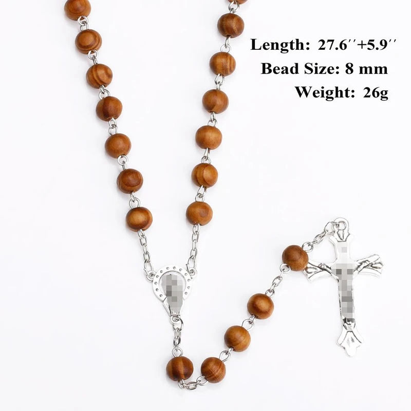 8mm Wood Rosary Beads Necklace – Catholic Jesus Christ Cross Crucifix Pendant Long Chain Religious Jewelry for Men & Women