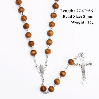 8mm Wood Rosary Beads Necklace – Catholic Jesus Christ Cross Crucifix Pendant Long Chain Religious Jewelry for Men & Women