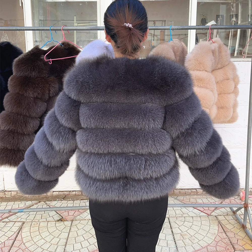 QUEENTINA Women’s Real Fox Fur Coat – Brown Leather & Skin Winter Fashion Outerwear 2025