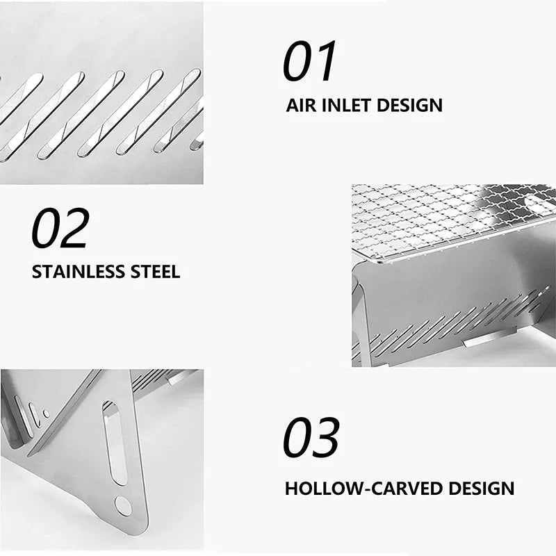 Portable Folding Barbecue Grill: Multifunction Camping BBQ Grill Rack with Firewood Stove - Stainless Steel BBQ Grill Net for Outdoor Cooking