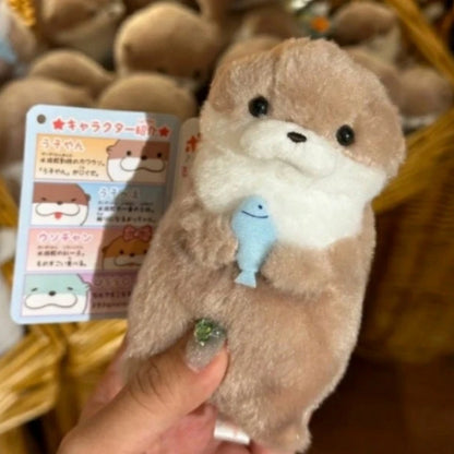 Cute Otters Holding Fish Plush Keyring - Lightweight Hanging Pendant, School Bag, Key Wallet & Toy Gift (11cm)
