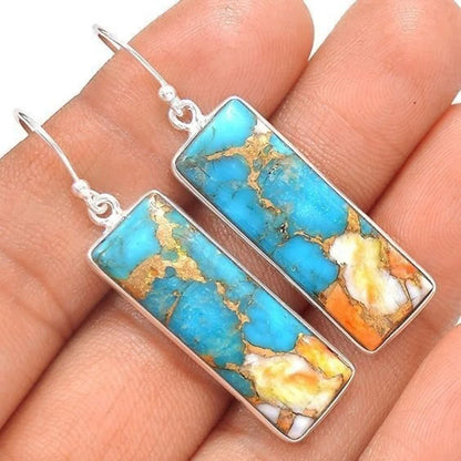 Retro Multicolor Drop Earrings - 925 Sterling Silver Rectangle Stone Fine Jewelry for Women