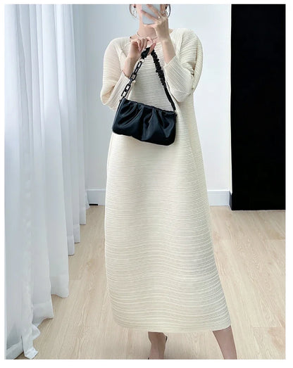 2023 Women's Miyake Pleated Long Dress – Full Sleeve, Round Neck, Korean Fashion, Plus Size Summer Style