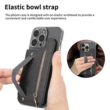 Flip Card Phone Case - Zipper Wallet Card Holder with Wrist Strap and Desktop Stand Support