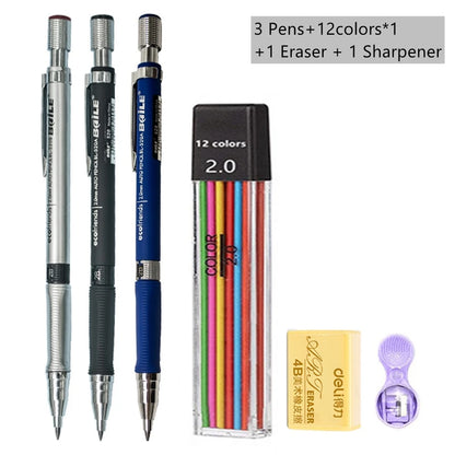 Mechanical Pencil Set 2.0mm – Automatic Pencil with 2B Black & Colored Lead Refills for Writing, Sketching, & Art Drawing