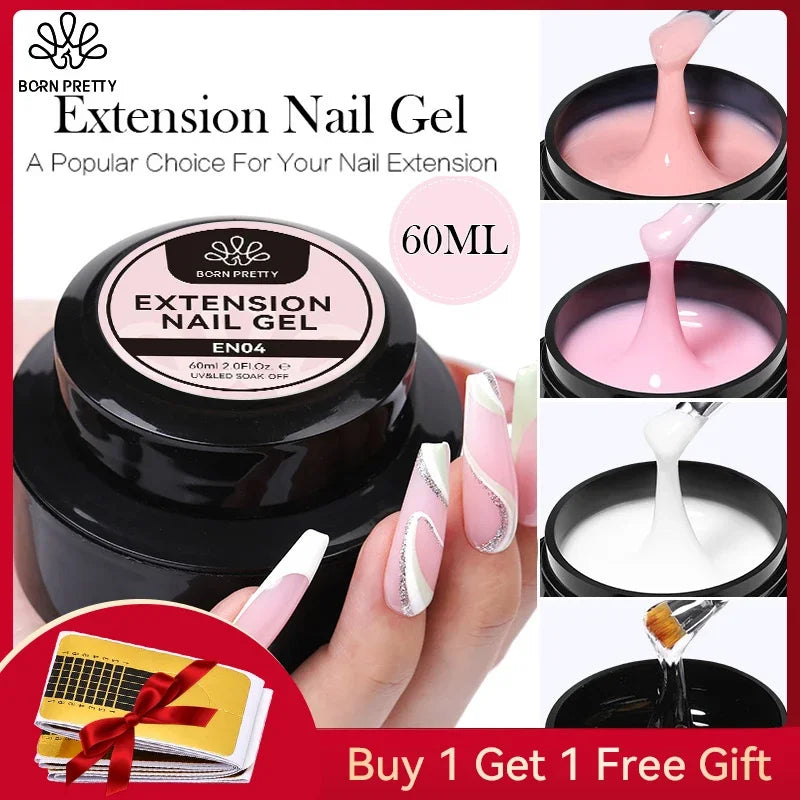 BORN PRETTY Hard Jelly Extension Nail Gel Polish: French Nails Nude Pink White Clear Fibre Glass Gum - 60/30ml for Manicure Extension