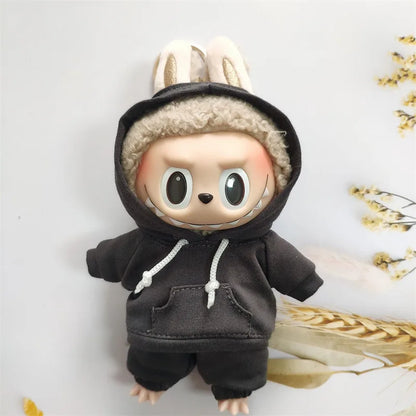 17cm Labubu Doll Outfit Set – Black Hoodie Sweatshirt & Pants, DIY Gift for Dolls