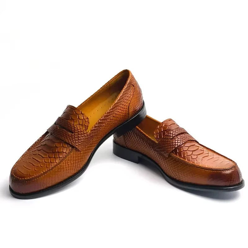 Men’s Genuine Leather Snake Print Penny Loafers - Handcrafted Slip-On Driving, Business & Formal Shoes