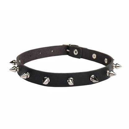 Black PU Leather Spike Choker Necklace – Studded Punk Gothic Biker Collar for Women & Men