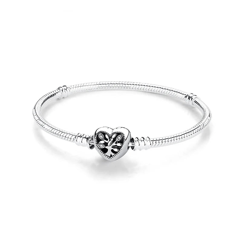 925 Sterling Silver Love Heart Charm Bracelet – Rose Gold Snake Chain Bangle for Women | DIY Luxury Bead Jewelry Accessories