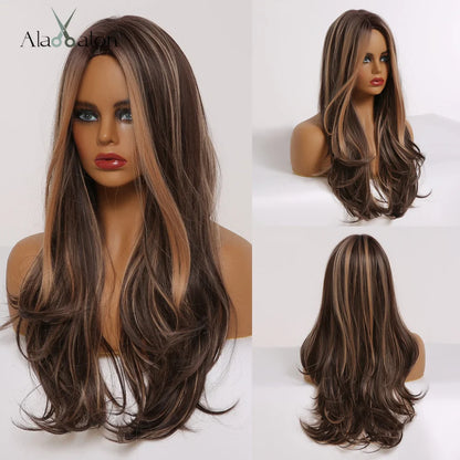 ALAN EATON Black Long Wavy Synthetic Wig – Natural Afro Hair, Middle Part, Heat-Resistant Fiber for Daily Use