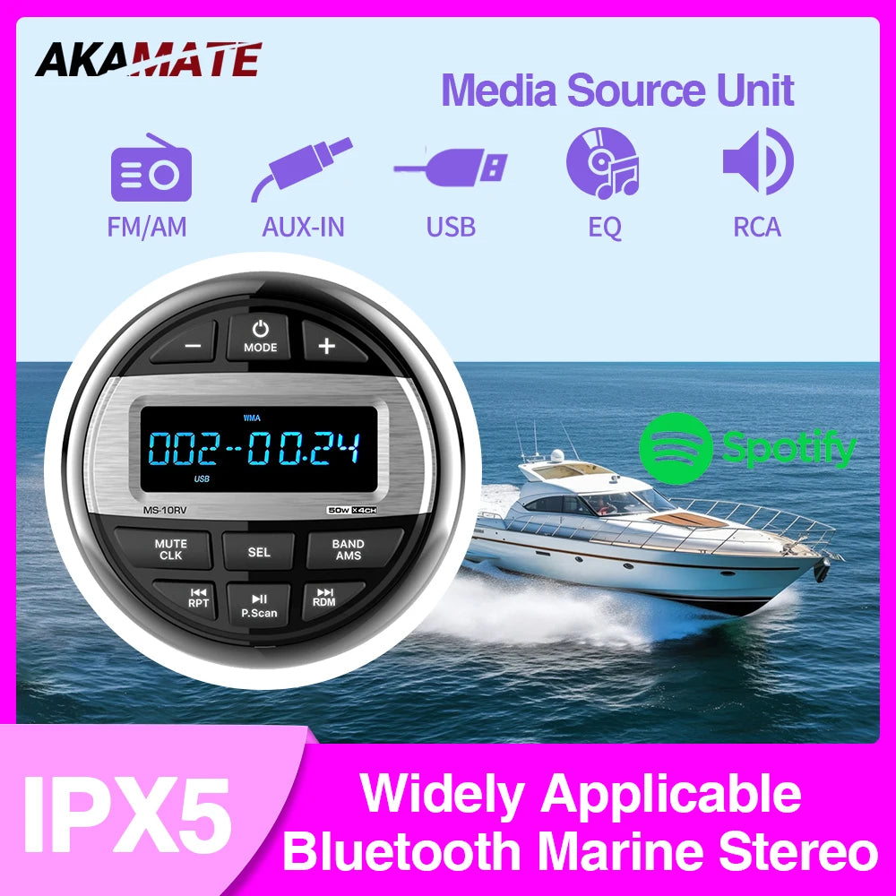 Boat Radio Media Player – Waterproof Marine Stereo MP3 Bluetooth Audio, FM/AM Receiver for Harvesters, ATV, UTV, SPA, RZR