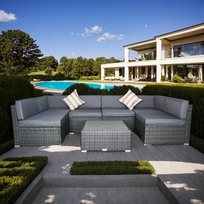 7-Piece Outdoor Patio Furniture Set with Cushions – PE Rattan Modular Sofa Set, Coffee Table & Pillows