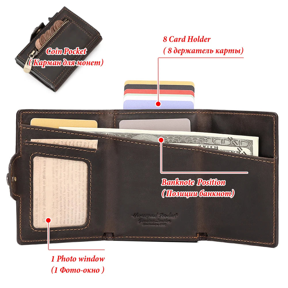 HUMERPAUL Men’s Pop-Up Card Holder – Crazy Horse Leather RFID Blocking Slim Wallet with Money Pocket & Metal Bank Card Case
