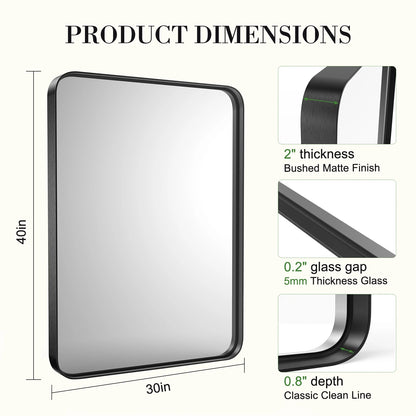 30x40" Large Rectangle Wall Vanity Mirror – Matte Metal Frame, Tempered Glass, Modern Living Room Decor
