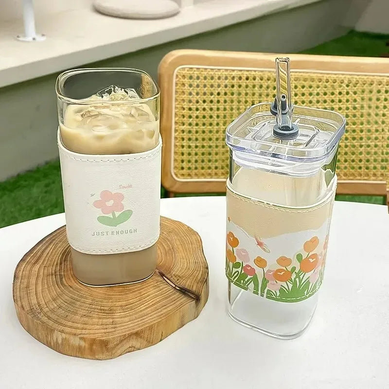 Square Heat-Resistant Coffee Glass Cup with Lid and Straw - Transparent Milk Tea, Juice, and Coffee Mug for Home Bar Drinkware